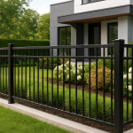 A well-installed aluminum fence surrounding a manicured garden with a modern house in the background
