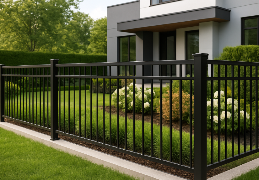 A well-installed aluminum fence surrounding a manicured garden with a modern house in the background