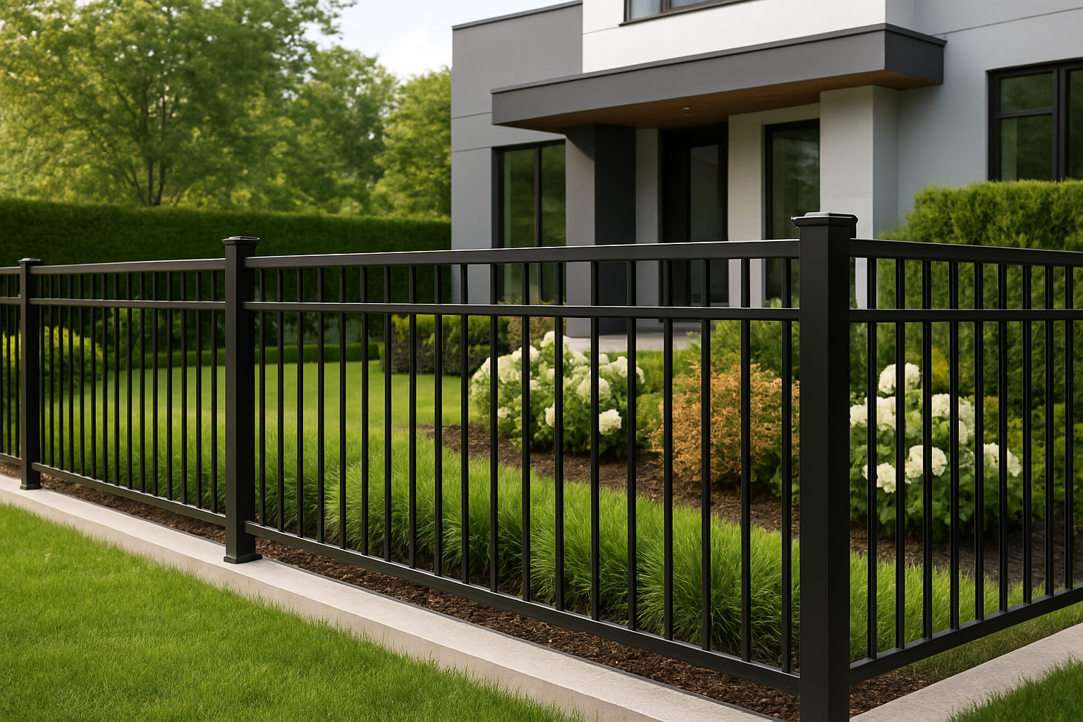 A well-installed aluminum fence surrounding a manicured garden with a modern house in the background